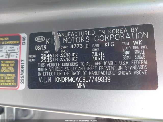 Aukcja sprzedaży 2020 Kia Sportage Lx, vin: KNDPMCAC9L7749839, numer aukcji: 46082083