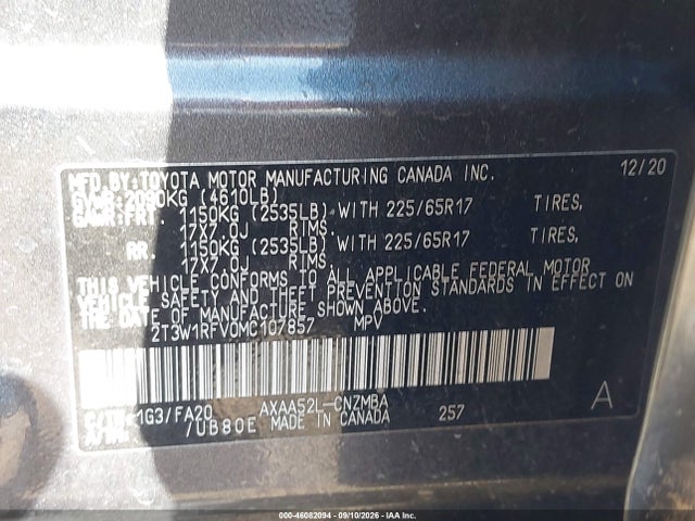 2021 Toyota Rav4 Xle მანქანა იყიდება აუქციონზე, vin: 2T3W1RFV0MC107857, აუქციონის ნომერი: 46082094