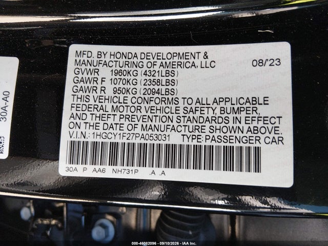 46082096 :رقم المزاد ، 1HGCY1F27PA053031 vin ، 2023 Honda Accord Lx مزاد بيع