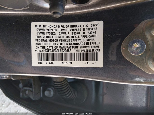 46082098 :رقم المزاد ، 19XFC1F30LE022682 vin ، 2020 Honda Civic Ex مزاد بيع