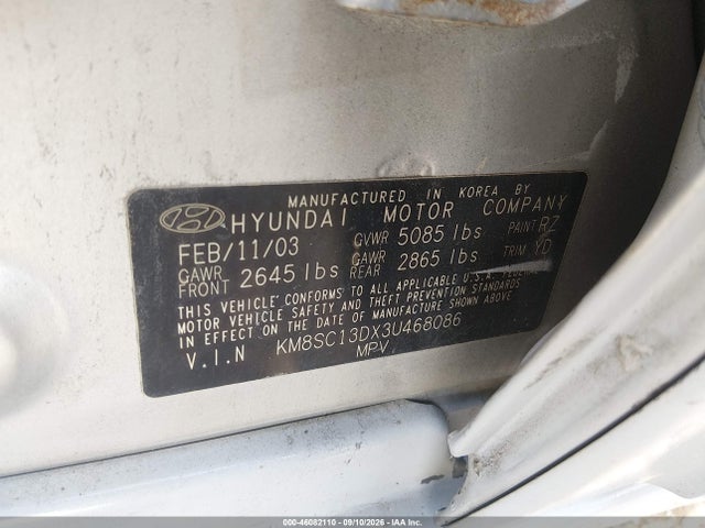 46082110 :رقم المزاد ، KM8SC13DX3U468086 vin ، 2003 Hyundai Santa Fe Gls/lx مزاد بيع