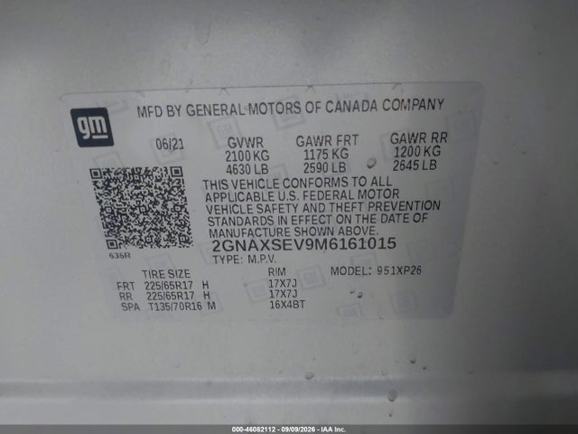 46082112 :رقم المزاد ، 2GNAXSEV9M6161015 vin ، 2021 Chevrolet Equinox Awd Ls مزاد بيع