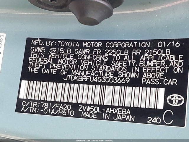 2016 Toyota Prius Two მანქანა იყიდება აუქციონზე, vin: JTDKBRFU4G3003669, აუქციონის ნომერი: 46082164