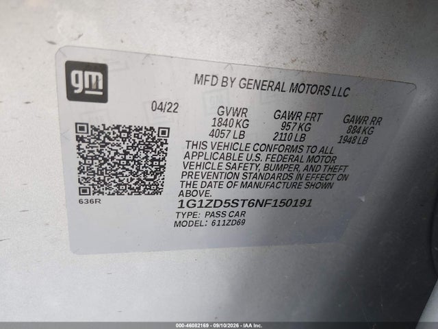 2022 Chevrolet Malibu Fwd Lt მანქანა იყიდება აუქციონზე, vin: 1G1ZD5ST6NF150191, აუქციონის ნომერი: 46082169