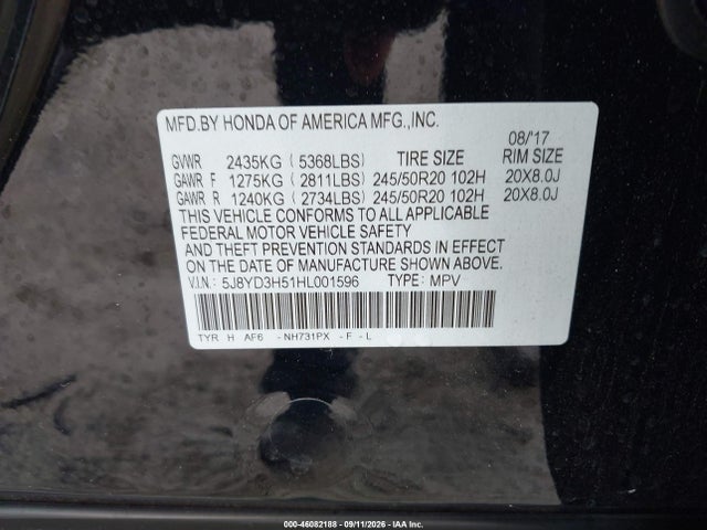 46082188 :رقم المزاد ، 5J8YD3H51HL001596 vin ، 2017 Acura Mdx Technology Package مزاد بيع