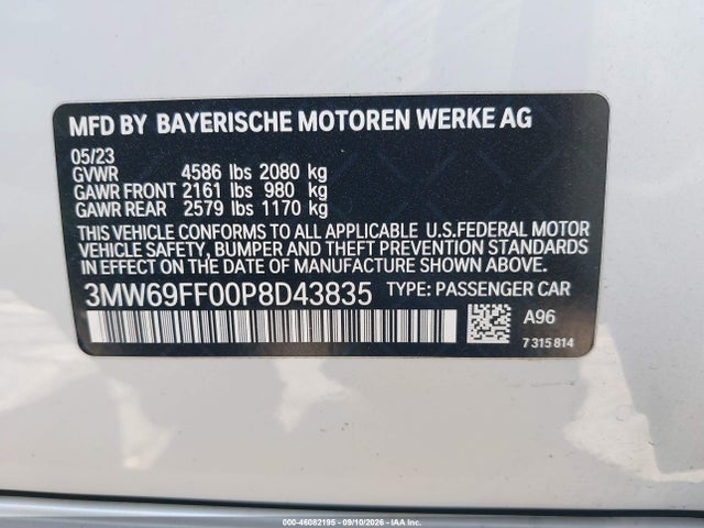 2023 Bmw 330i მანქანა იყიდება აუქციონზე, vin: 3MW69FF00P8D43835, აუქციონის ნომერი: 46082195
