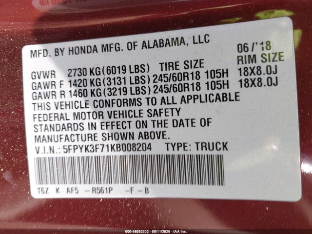 Продажа на аукционе авто 2019 Honda Ridgeline Rtl-e, vin: 5FPYK3F71KB008204, номер лота: 46082202