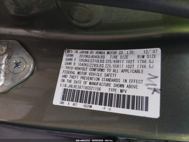 46082203 :رقم المزاد ، JHLRE38718C021156 vin ، 2008 Honda Cr-v Ex-l مزاد بيع