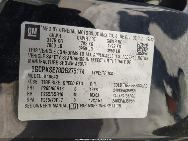 46082204 :رقم المزاد ، 3GCPKSE78DG275174 vin ، 2013 Chevrolet Silverado 1500 Lt مزاد بيع