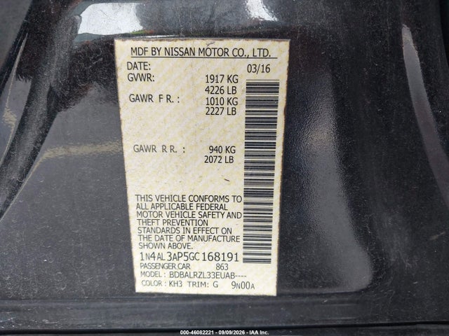 2016 Nissan Altima 2.5 Sv მანქანა იყიდება აუქციონზე, vin: 1N4AL3AP5GC168191, აუქციონის ნომერი: 46082221