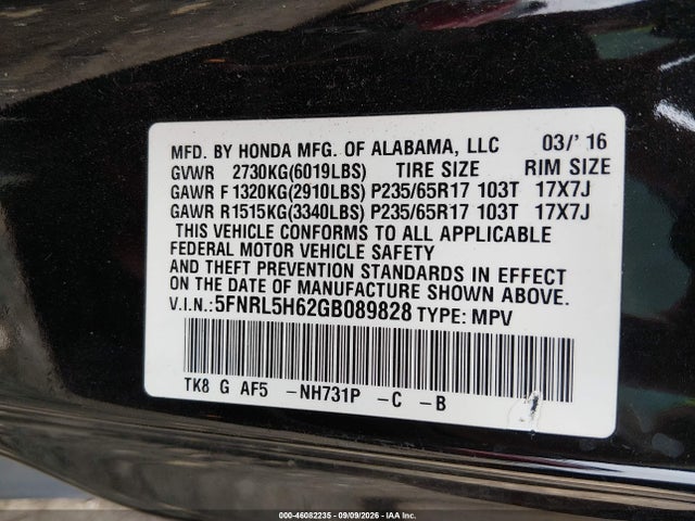Aukcja sprzedaży 2016 Honda Odyssey Ex-l, vin: 5FNRL5H62GB089828, numer aukcji: 46082235