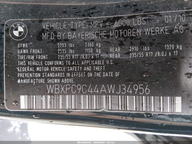 Продаж на аукціоні авто 2010 Bmw X3 Xdrive30i, vin: WBXPC9C44AWJ34956, номер лоту: 46082242