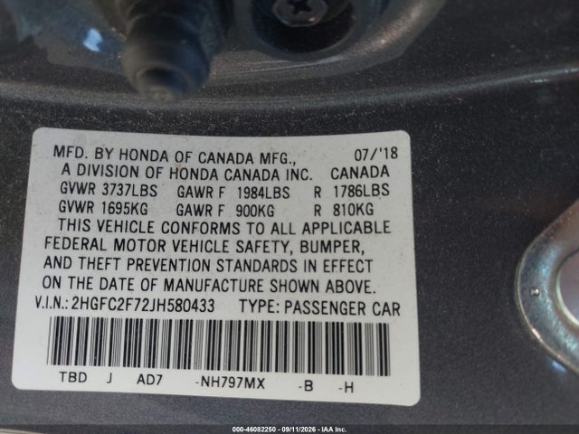 Honda CIVIC EX 2018 2HGFC2F72JH580433 Image 9