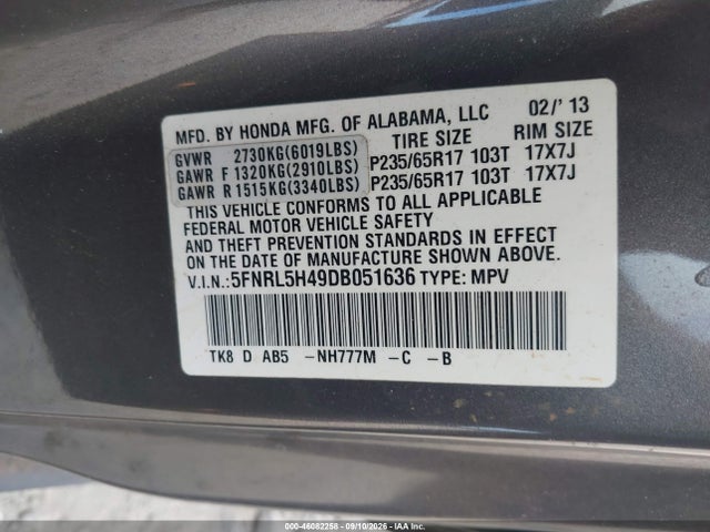 46082258 :رقم المزاد ، 5FNRL5H49DB051636 vin ، 2013 Honda Odyssey Ex مزاد بيع