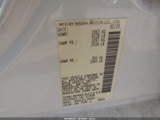 46082272 :رقم المزاد ، 1N4BL4BV4KN322233 vin ، 2019 Nissan Altima 2.5 S مزاد بيع