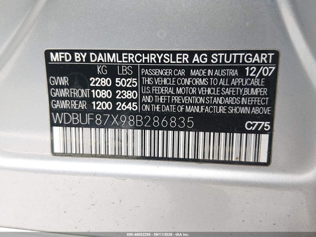 2008 Mercedes-benz E 350 4matic მანქანა იყიდება აუქციონზე, vin: WDBUF87X98B286835, აუქციონის ნომერი: 46082295