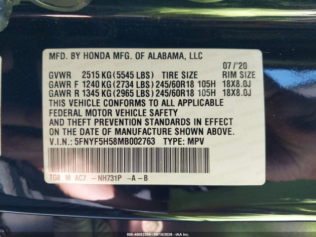 Продаж на аукціоні авто 2021 Honda Pilot 2wd Ex-l, vin: 5FNYF5H58MB002763, номер лоту: 46082304