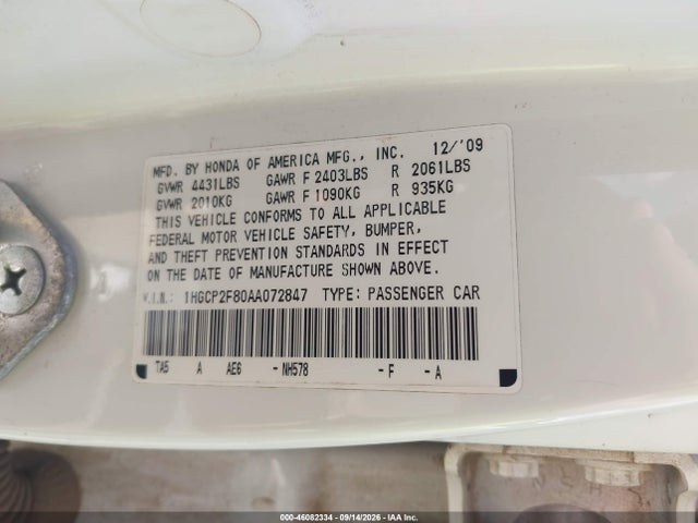 46082334 :رقم المزاد ، 1HGCP2F80AA072847 vin ، 2010 Honda Accord 2.4 Ex-l مزاد بيع