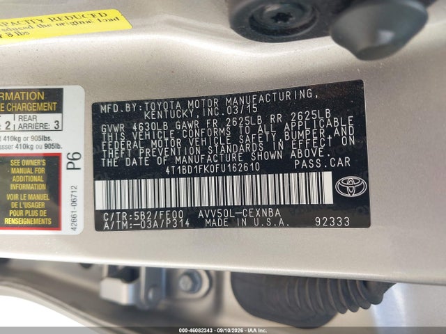 2015 Toyota Camry Hybrid Le მანქანა იყიდება აუქციონზე, vin: 4T1BD1FK0FU162610, აუქციონის ნომერი: 46082343