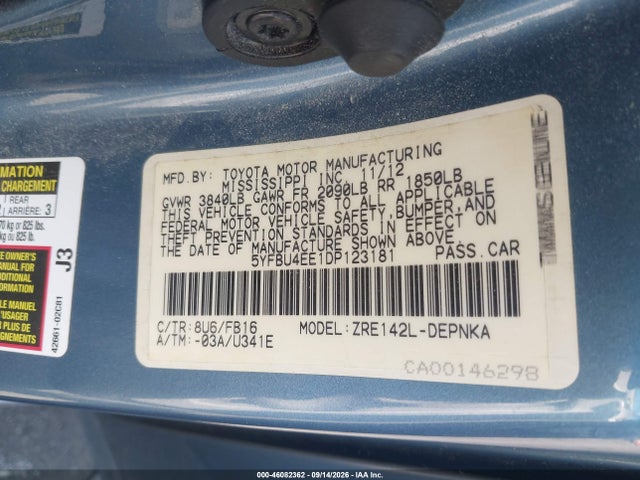 Продажа на аукционе авто 2013 Toyota Corolla Le, vin: 5YFBU4EE1DP123181, номер лота: 46082362