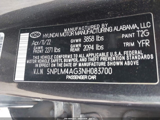 Aukcja sprzedaży 2022 Hyundai Elantra Sel, vin: 5NPLM4AG3NH083700, numer aukcji: 46082371