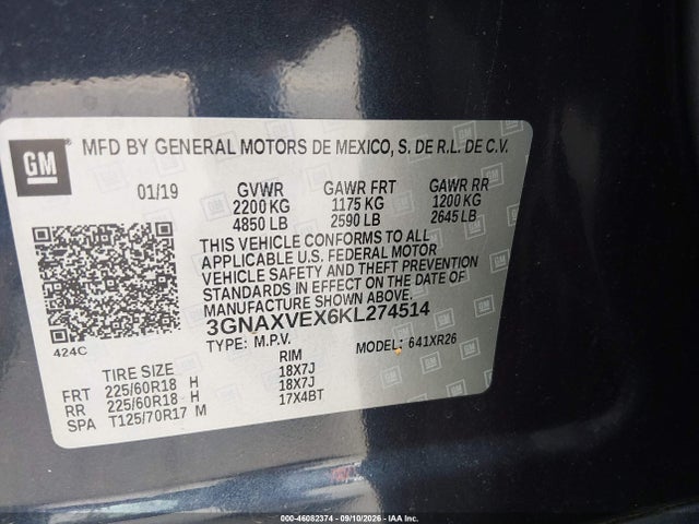 Продажа на аукционе авто 2019 Chevrolet Equinox Lt, vin: 3GNAXVEX6KL274514, номер лота: 46082374