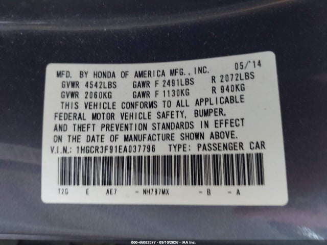Продажа на аукционе авто 2014 Honda Accord Touring, vin: 1HGCR3F91EA037796, номер лота: 46082377