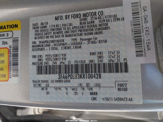 Продаж на аукціоні авто 2019 Ford Fusion Hybrid Se, vin: 3FA6P0LU3KR100428, номер лоту: 46082385