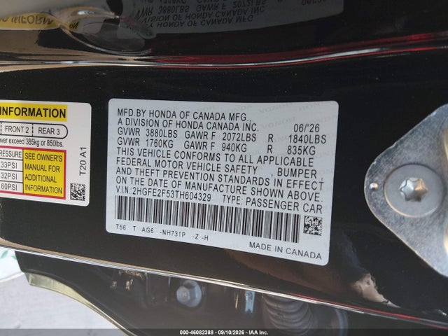 2HGFE2F53TH604329 Honda Civic Sport