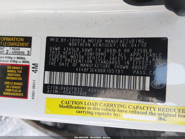 2011 Toyota Camry მანქანა იყიდება აუქციონზე, vin: 4T4BF3EK8BR105191, აუქციონის ნომერი: 46082399