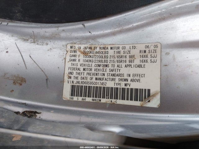 Aukcja sprzedaży 2005 Honda Cr-v Lx, vin: JHLRD68595C017452, numer aukcji: 46082401
