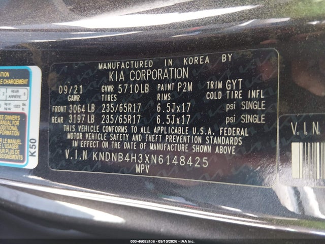 46082406 :رقم المزاد ، KNDNB4H3XN6148425 vin ، 2022 Kia Carnival Mpv Lx Seat Package مزاد بيع