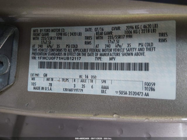 46082408 :رقم المزاد ، 1FMCU0F71HUB12117 vin ، 2017 Ford Escape S مزاد بيع