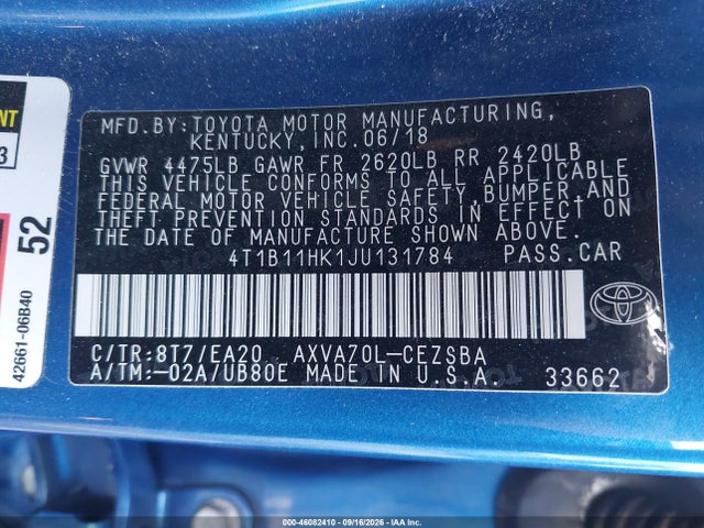 46082410 :رقم المزاد ، 4T1B11HK1JU131784 vin ، 2018 Toyota Camry Se مزاد بيع