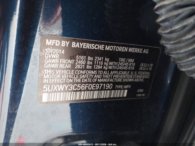 46082412 :رقم المزاد ، 5UXWY3C56F0E97190 vin ، 2015 Bmw X3 Xdrive28d مزاد بيع