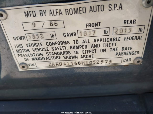 Aukcja sprzedaży 1987 Alfa Romeo Milano Gold, vin: ZARDA1168H1052575, numer aukcji: 46082416