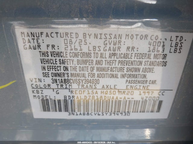 2025 Nissan Sentra Sv მანქანა იყიდება აუქციონზე, vin: 3N1AB8CV6SY394930, აუქციონის ნომერი: 46082433