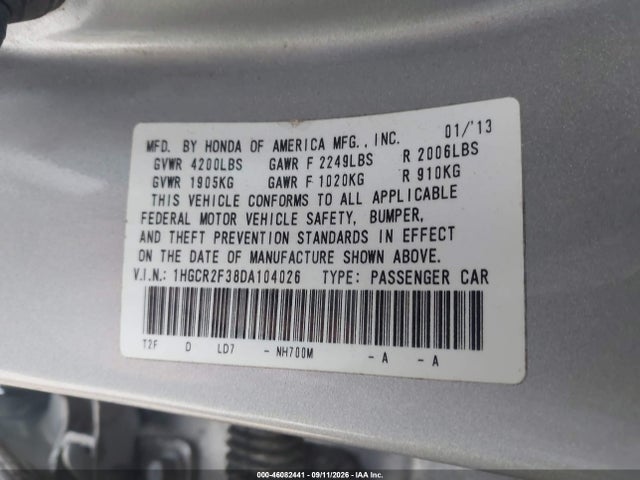 Aukcja sprzedaży 2013 Honda Accord Lx, vin: 1HGCR2F38DA104026, numer aukcji: 46082441