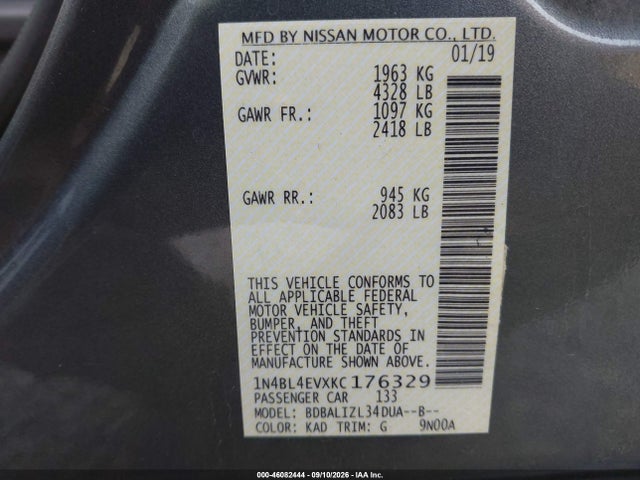 Nissan Altima 2.5 Sl 2019 1N4BL4EVXKC176329 Image 9