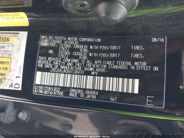 Aukcja sprzedaży 2016 Toyota 4runner Sr5 Premium, vin: JTEZU5JR3G5138470, numer aukcji: 46082472
