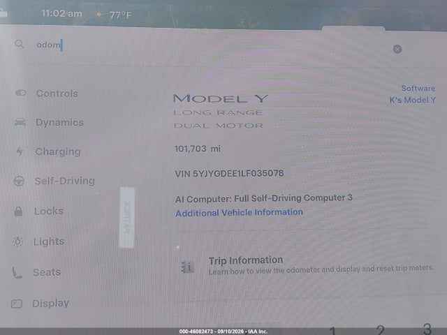 46082473 :رقم المزاد ، 5YJYGDEE1LF035078 vin ، 2020 Tesla Model Y Long Range Dual Motor All-wheel Drive مزاد بيع