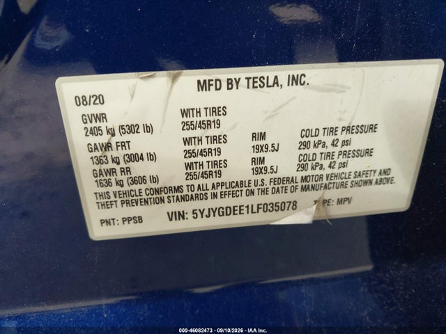 46082473 :رقم المزاد ، 5YJYGDEE1LF035078 vin ، 2020 Tesla Model Y Long Range Dual Motor All-wheel Drive مزاد بيع