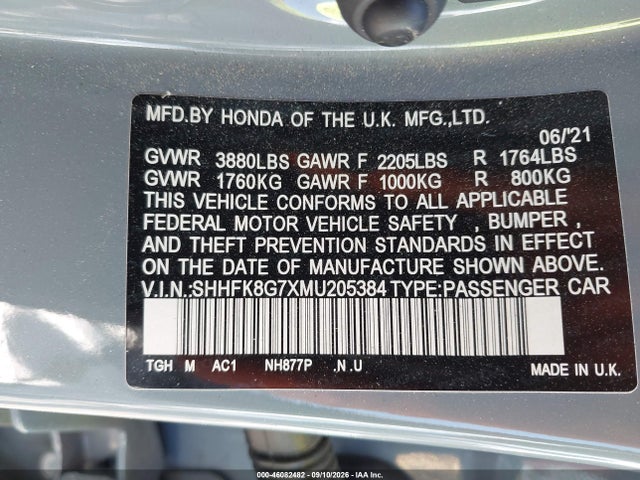 46082482 :رقم المزاد ، SHHFK8G7XMU205384 vin ، 2021 Honda Civic Type R Touring مزاد بيع