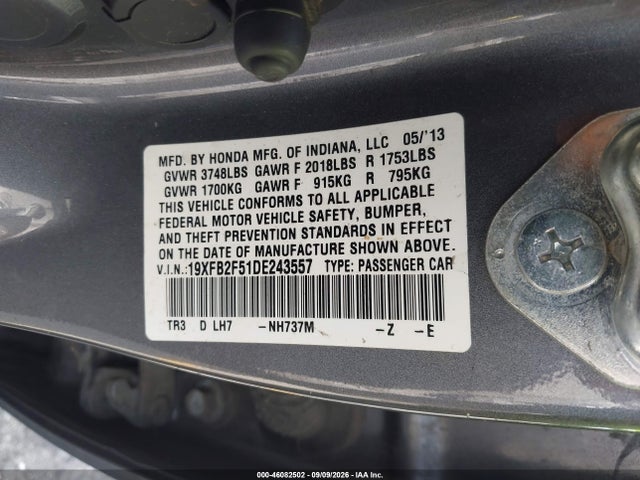 Aukcja sprzedaży 2013 Honda Civic Lx, vin: 19XFB2F51DE243557, numer aukcji: 46082502