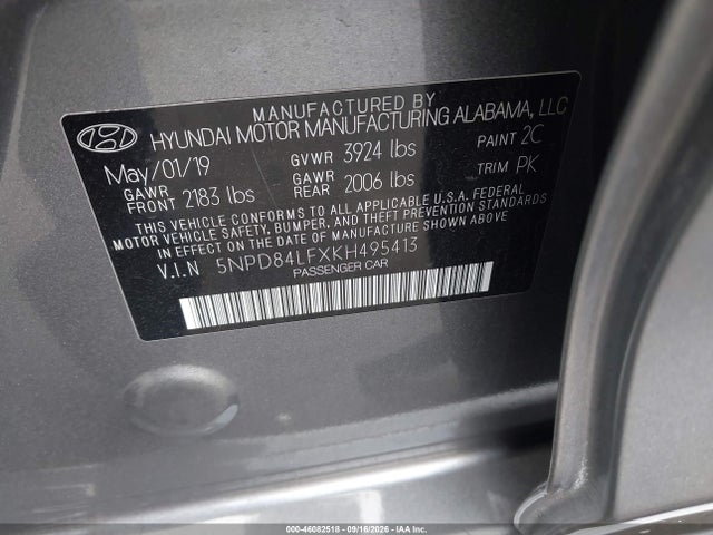 2019 Hyundai Elantra Limited მანქანა იყიდება აუქციონზე, vin: 5NPD84LFXKH495413, აუქციონის ნომერი: 46082518