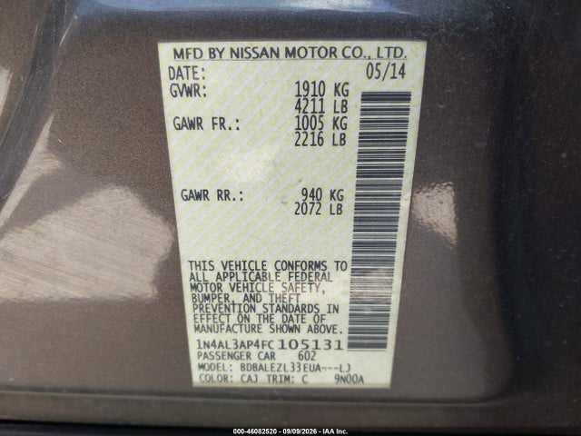 Продаж на аукціоні авто 2015 Nissan Altima 2.5 S, vin: 1N4AL3AP4FC105131, номер лоту: 46082520