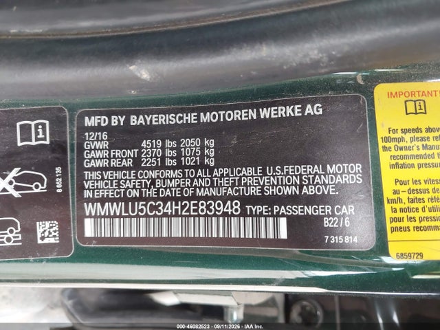 2017 Mini Clubman Cooper S მანქანა იყიდება აუქციონზე, vin: WMWLU5C34H2E83948, აუქციონის ნომერი: 46082523
