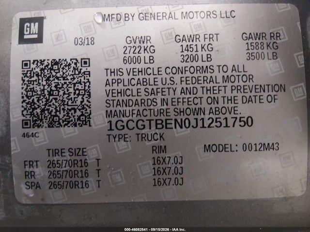 Chevrolet Colorado Wt 2018 1GCGTBEN0J1251750 Image 9