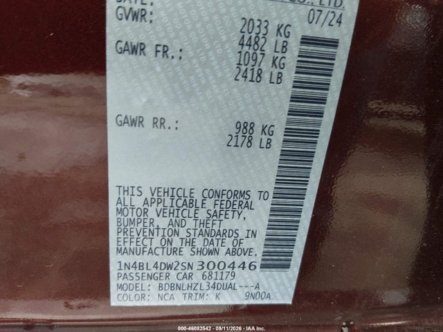 46082542 :رقم المزاد ، 1N4BL4DW2SN300446 vin ، 2025 Nissan Altima Sv Awd مزاد بيع