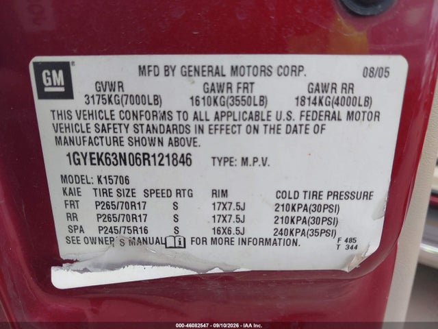 2006 Cadillac Escalade Standard მანქანა იყიდება აუქციონზე, vin: 1GYEK63N06R121846, აუქციონის ნომერი: 46082547